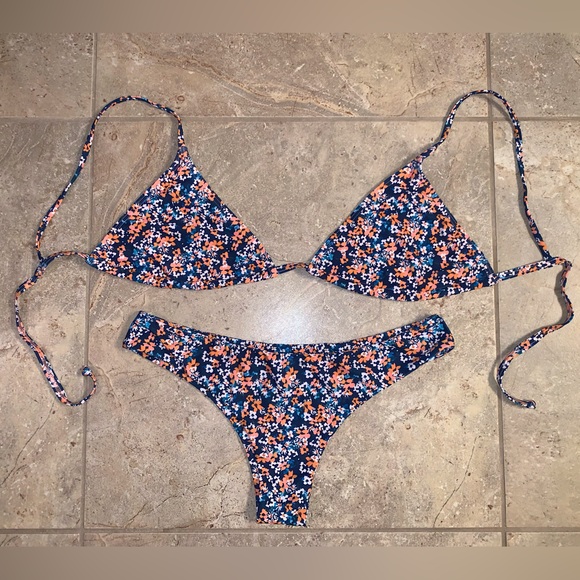 SHEIN Other - Shein Blue Orange Floral String Triangle Top Cheeky Bikini Set - Size Medium